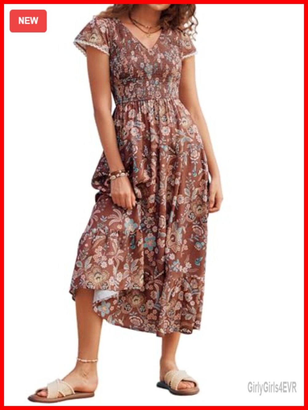 Women Boho Floral Maxi Dress Smocked Beach Vacation Dress with Pockets